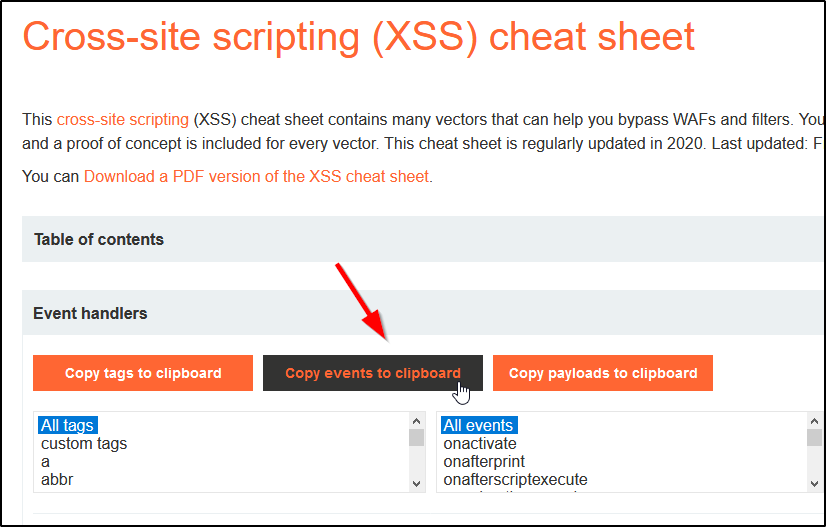 XSS cheat sheet di PortSwigger